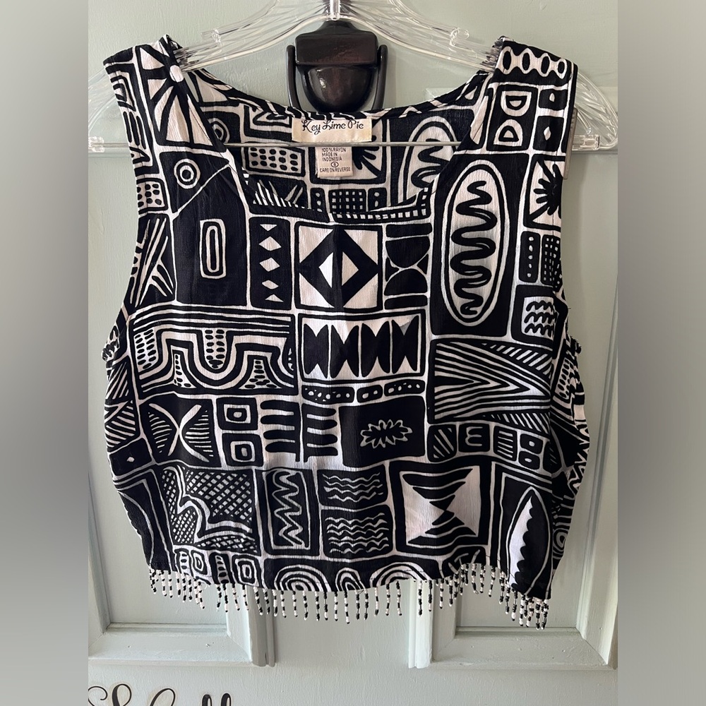 Vintage 1980’s key lime pie top with beaded fringe black white geometricfestival